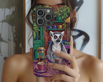 Lemur Handyhülle, farbenfrohe Tierkunst iPhone- oder Samsung-Hülle, Maximalist-Dschungel-Design, niedliche Lemur-Abdeckung, Boho-Ästhetik