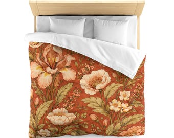 Vintage Botanical Floral Duvet Cover, Cottagecore Bedding Set, Terracotta Rust Blooms