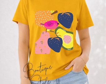 Colorful Fruit Graphic Tee Women, Artistic Maple Tee, Modern Folk Art Shirt, Cute Bird Shirt, Playful Summer Tee, Boutique Graphic T Shirt