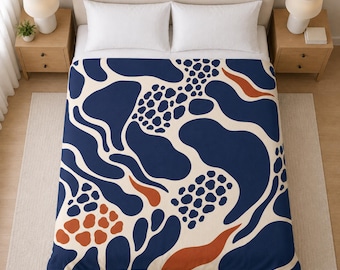 Copripiumino Savannah Atelier, biancheria da letto con stampa animalier astratta, blu navy e terracotta, stile safari