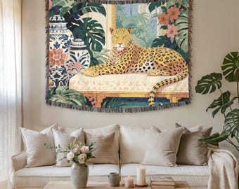 Leopard Jungle Tapestry Throw, Boho Chinoiserie Floral Wall Hanging Blanket