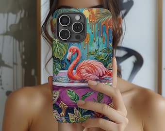 Flamingo Handyhülle, Tropisches iPhone Case, Bunte Maximalist Handyhülle, Rosa Flamingo Kunst Hülle, Gewagte Ästhetische Blumen Dschungel Hülle