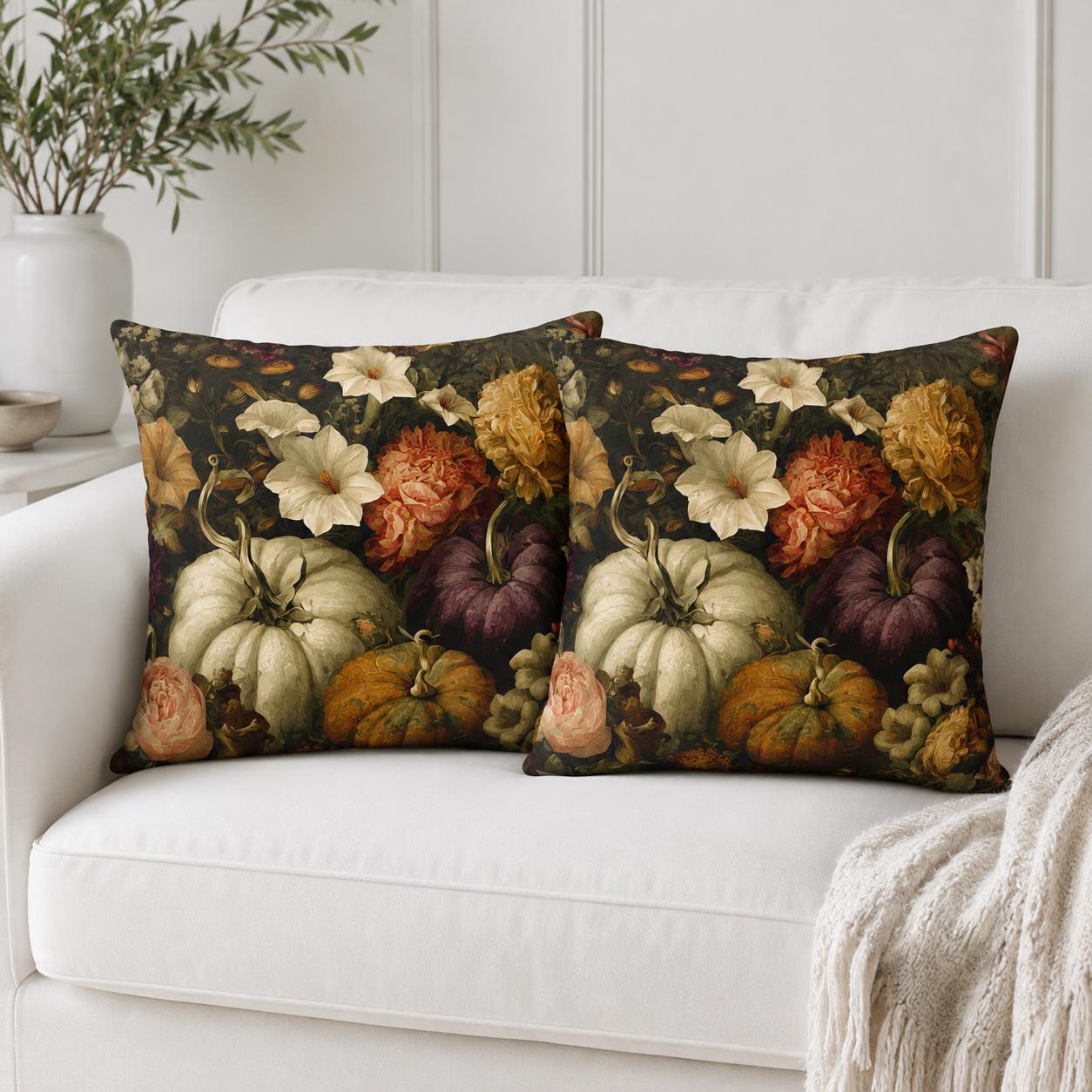 Vintage pumpkin and dark floral autumn throw pillow