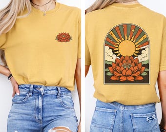 Boho Sun Lotus Comfort Colors Shirt, Spiritual Graphic Tee, Back Print, Vintage Style