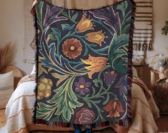 Manta botánica tejida al estilo William Morris, tapiz floral oscuro