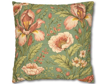 Cojín decorativo floral vintage, cojín botánico de estilo rústico, decoración de jardín con ambiente melancólico en color verde.