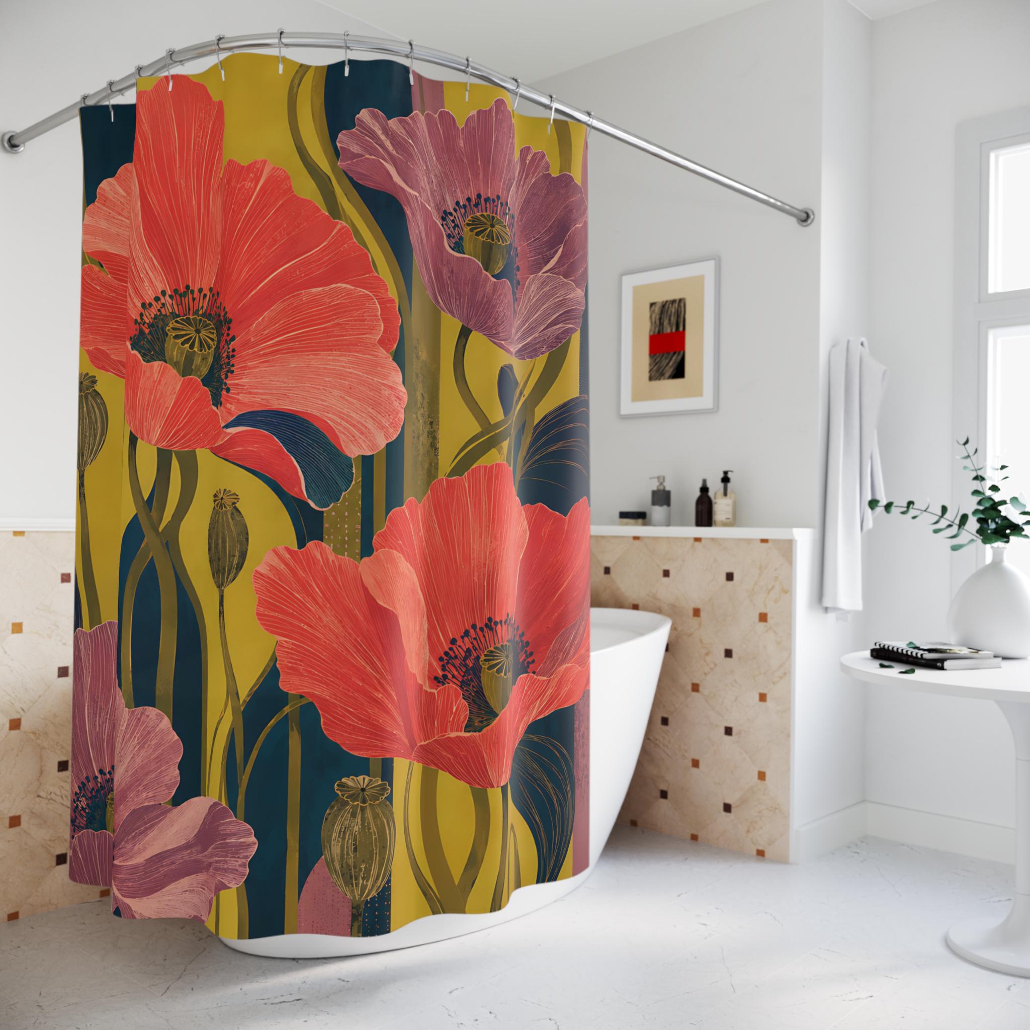 Dark floral poppy shower curtain in a bright bathroom