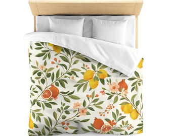 Botanical Citrus Duvet Cover, Lemon Pomegranate Floral Bedding, Cottagecore Bedroom Decor