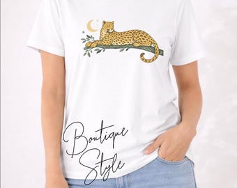 Leopard Graphic Tee, Minimalist Safari, Women’s Maple Shirt