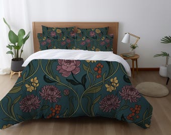 Juego de funda nórdica botánica, ropa de cama floral inspirada en William Morris, decoración de dormitorio estilo cottagecore en color verde azulado.