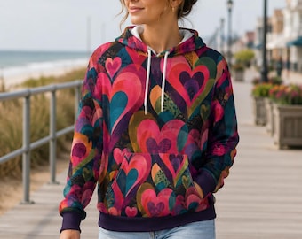 Colorful Abstract Heart All-Over Print Hoodie, Boho Artistic Pullover Sweatshirt