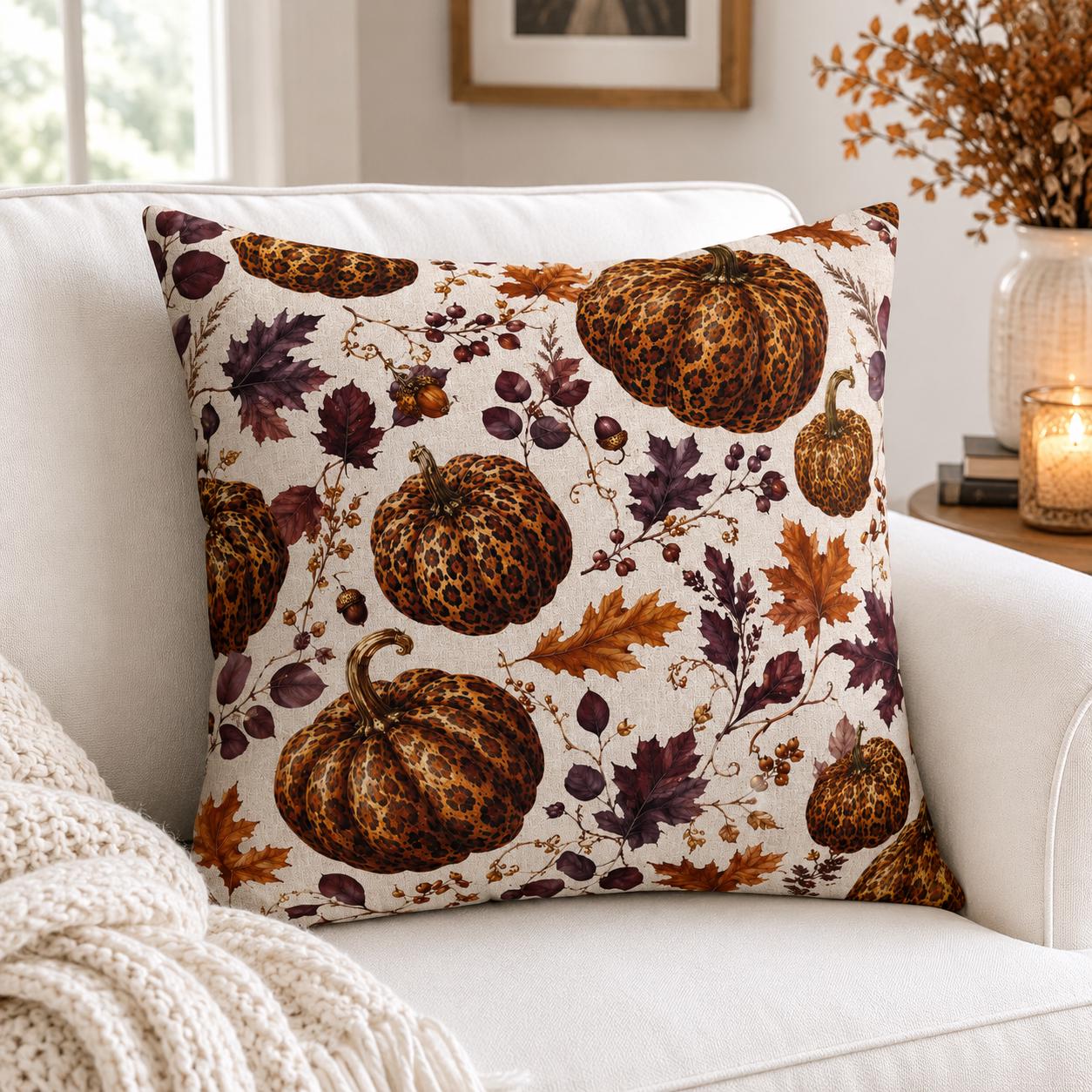 Light leopard print pumpkins and autumn leaves throw pillow