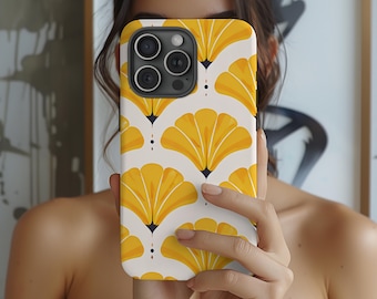 Art Deco Yellow Floral iPhone Case: Retro Fan Pattern Protective Cover