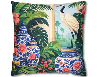 Tropical Crane Chinoiserie Pillow, Botanical Palm Leaf Cushion, Boho Home Decor Accent