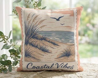 Coastal Vibes Outdoor Pillow: Double-Sided Beach Scene, Vintage Stamp Design