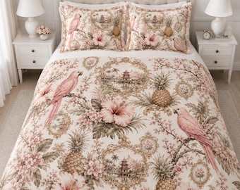 Funda nórdica con estampado floral tropical de loros rosas, ropa de cama botánica con piñas, estilo maximalista femenino.