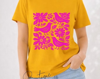 Pink Folk Bird Graphic Tee, Scandinavian Floral Statement Shirt, Boho Maximalist Style