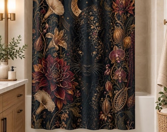 Black Panther Celestial Botanical Shower Curtain, Gothic Jungle Maximalist Bath Decor