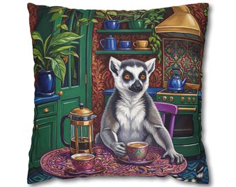 Lemur Café Scene Kissen, Maximalist Buntes Kunst Kissen, Eklektisches Boho Luxe Wohndekor