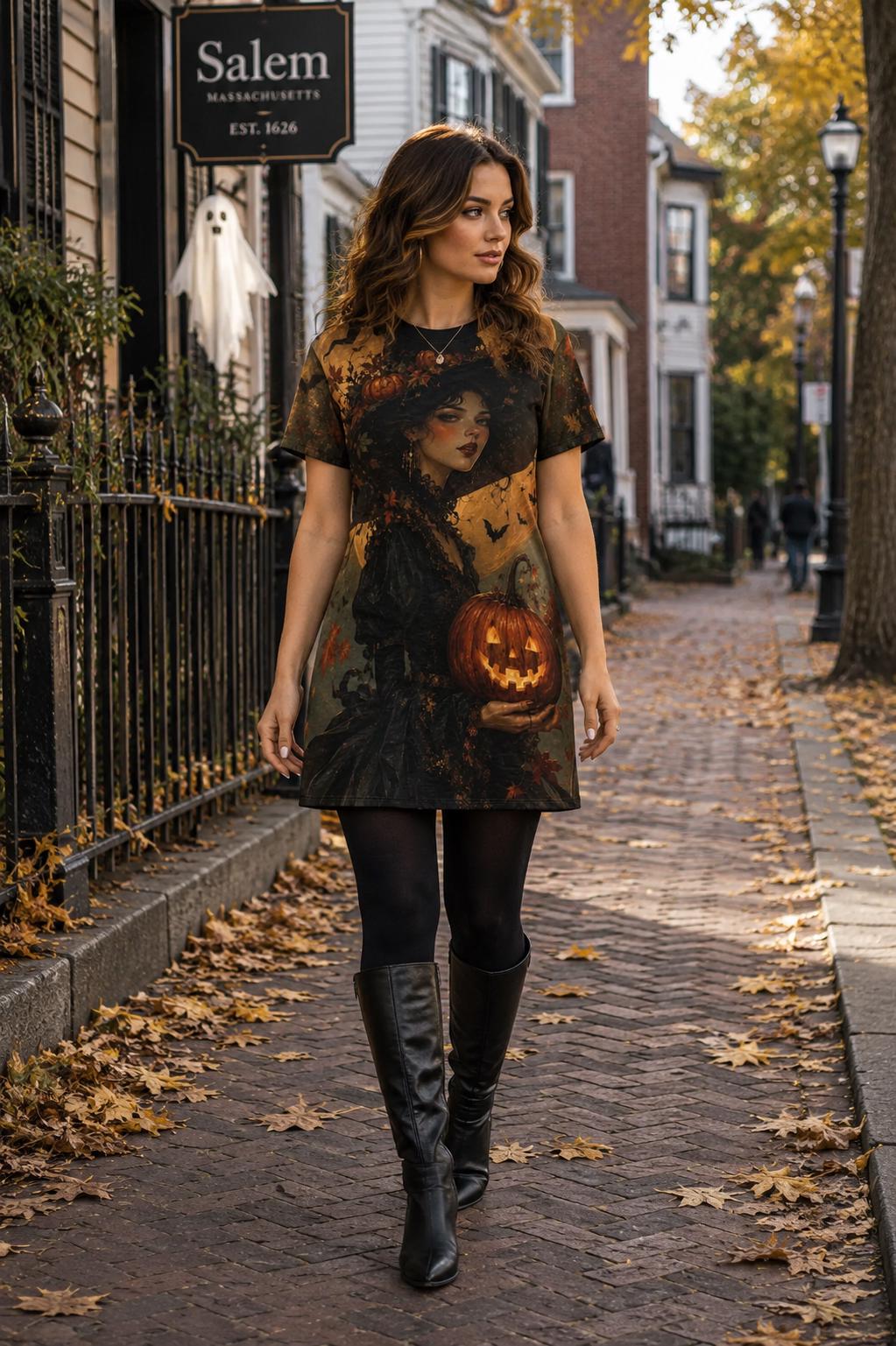 Woman wearing a Halloween witch pumpkin moon T-shirt dress