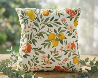 Botanical Citrus Pillow, Lemon Pomegranate Outdoor Cushion, Waterproof Garden Decor