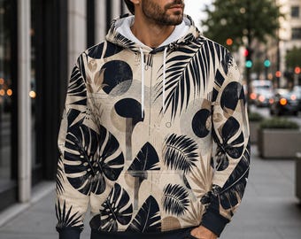 Neutral Botanical Hoodie, Tropical Leaf Abstract Pullover, Modern Boho Sweatshirt