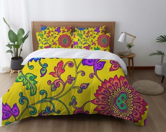 Boho Blumen Bettbezug, Maximalist Botanische Bettwäsche, Eklektisches Schlafzimmer Dekor, Gelber Hintergrund mit lebendigem Druck