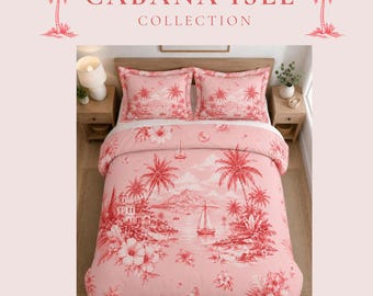 Blush Pink Tropical Toile Duvet Cover, Coastal Palm Tree Hawaiian Bedding Cabana Isle Collection