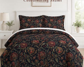 Dark Floral Botanical Duvet Cover, Moody Vintage Tapestry Pillow Sham