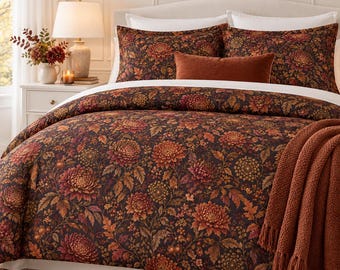 Dark Autumn Floral Duvet Cover, Moody Garden Bedding, Burgundy Rust Brown (Microfiber)