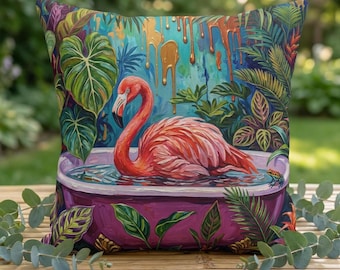 Cojín de exterior Flamingo Botanical: Cojín impermeable de jardín tropical para patio, columpio de porche.