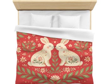 Folk Art Bunny Duvet Cover, Cottagecore Boho Floral Bedding, Scandinavian Rabbit Design