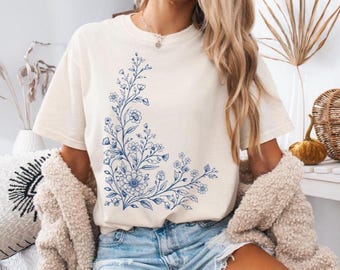 Comfort Colors Floral Graphic Tee, Botanical Vintage Line Art Top