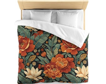 Dark Floral Duvet Cover, Boho Botanical Bedding, Vintage Inspired Flower Bedding, Moody Floral Bedroom Decor, Cottagecore Duvet Set