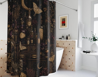 Cortina de ducha de estilo Dark Academia, Botica gótica, Decoración botánica de polilla celestial