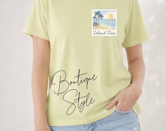 Island Time Palm Tree Graphic Tee: Coastal Beach Sunset Shirt