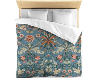 Art Nouveau Botanical Duvet Cover, William Morris inspired Floral Bedding, Dusty Blue Cottage Decor