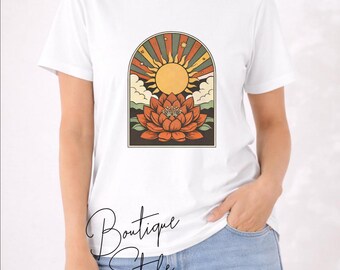 Boho Sun Lotus Graphic Tee, Retro Floral Women's Maple T-Shirt