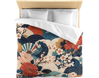 Japanese Wave Floral Duvet Cover Set, Dark Moody Peony Sakura Bedding, King Queen Size