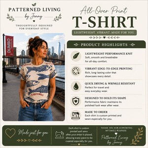 May include: A short-sleeved t-shirt featuring an all-over print of blue fish and the word SARDINES in red text. The shirt is made of a lightweight performance knit fabric and is paired with blue denim jeans. The graphic design includes text.