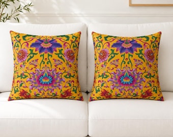 Boho Floral Throw Pillow Cover, Colorful Mustard Botanical Cushion, Maximalist Eclectic Home Decor