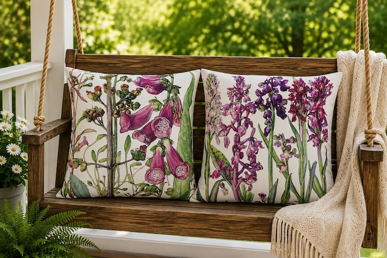 May include: Two square throw pillows featuring botanical illustrations on a white background. The left pillow displays pink foxglove flowers, while the right pillow showcases purple orchid-like blooms with green stems and leaves on both covers.