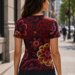 May include: A short-sleeved t-shirt featuring a dark background with a dense, vibrant floral pattern in shades of deep red, burgundy, pink, and golden yellow. The shirt has a crew neckline and is paired with dark gray denim jeans.