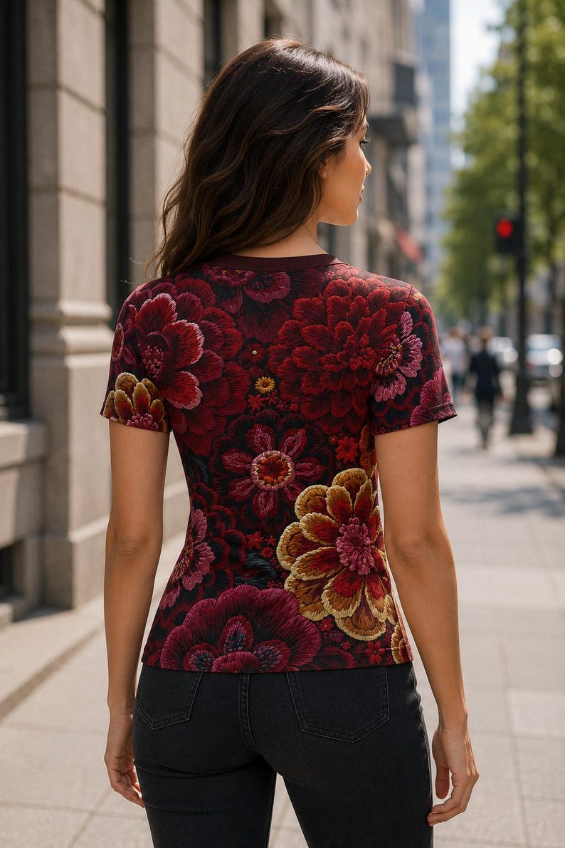May include: A short-sleeved t-shirt featuring a dark background with a dense, vibrant floral pattern in shades of deep red, burgundy, pink, and golden yellow. The shirt has a crew neckline and is paired with dark gray denim jeans.