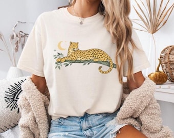 Leopard Moon Botanical Graphic Tee, Comfort Colors Boho Animal Shirt