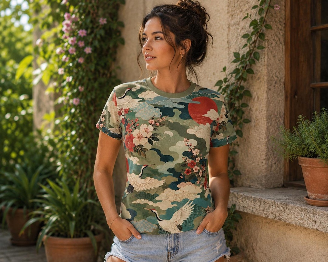 Japanese crane floral all-over print T-shirt styled on a model