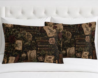 Dark Academia Pillow Sham, Botanical Floral Cover, Vintage Books, Gothic Bedroom Decor