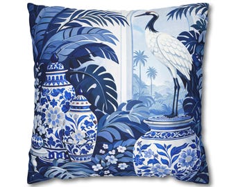 Blue Chinoiserie Throw Pillow, Crane Bird Pillow, Botanical Indoor Cushion, Blue and White Floral Pillow, Coastal Boho Decor Accent Pillow