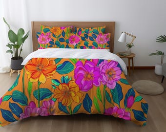 Dekbedovertrekset met levendige bloemen, gedurfd botanisch beddengoed, maximalist cottagecore-stijl oranje