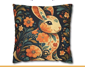 Floral Bunny Canvas Pillow Cover: Botanical Rabbit, Cottagecore Easter Decor